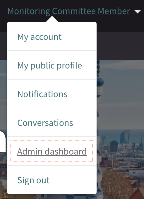 `Admin dashboard` gives the user access to Decidim’s backoffice