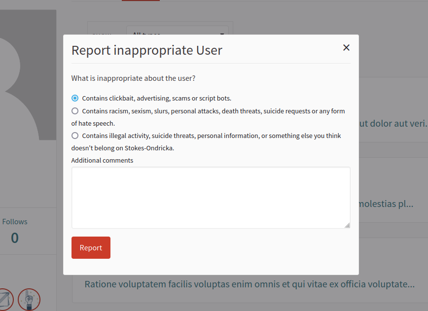 Give reason for reporting a participant modal