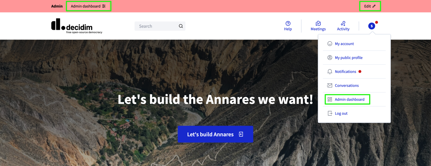 Decidim Admin Dashboard in user menu