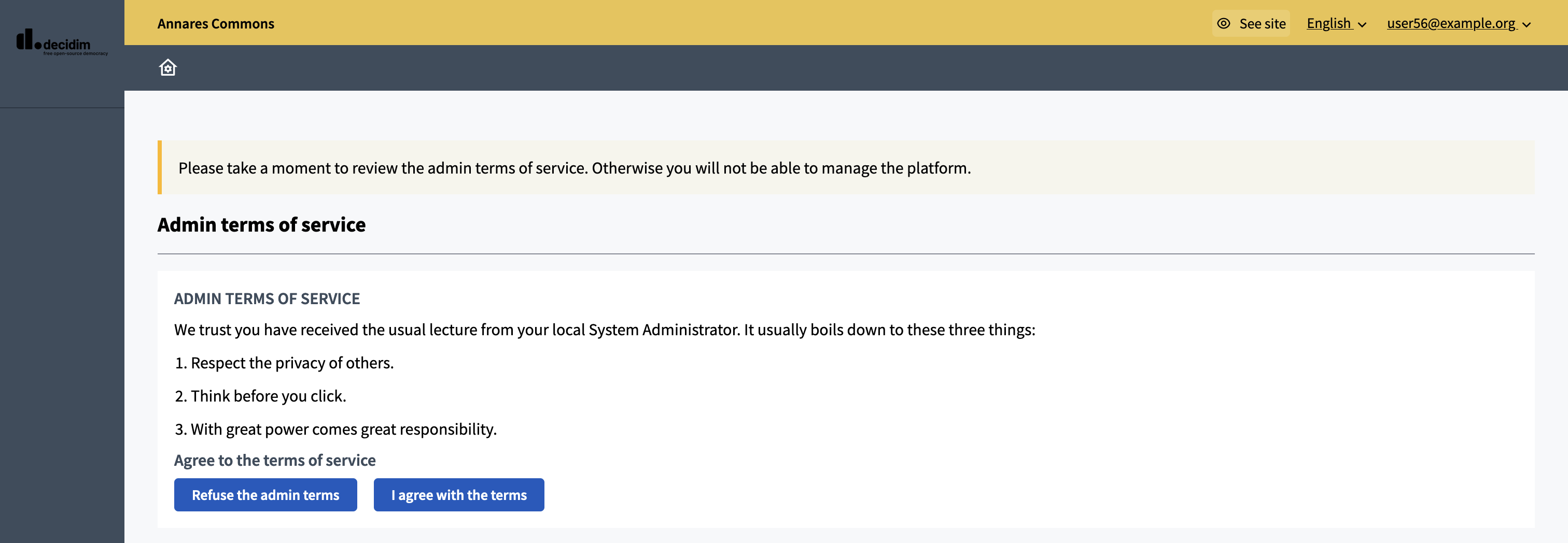 Decidim Admin Dashboard in user menu