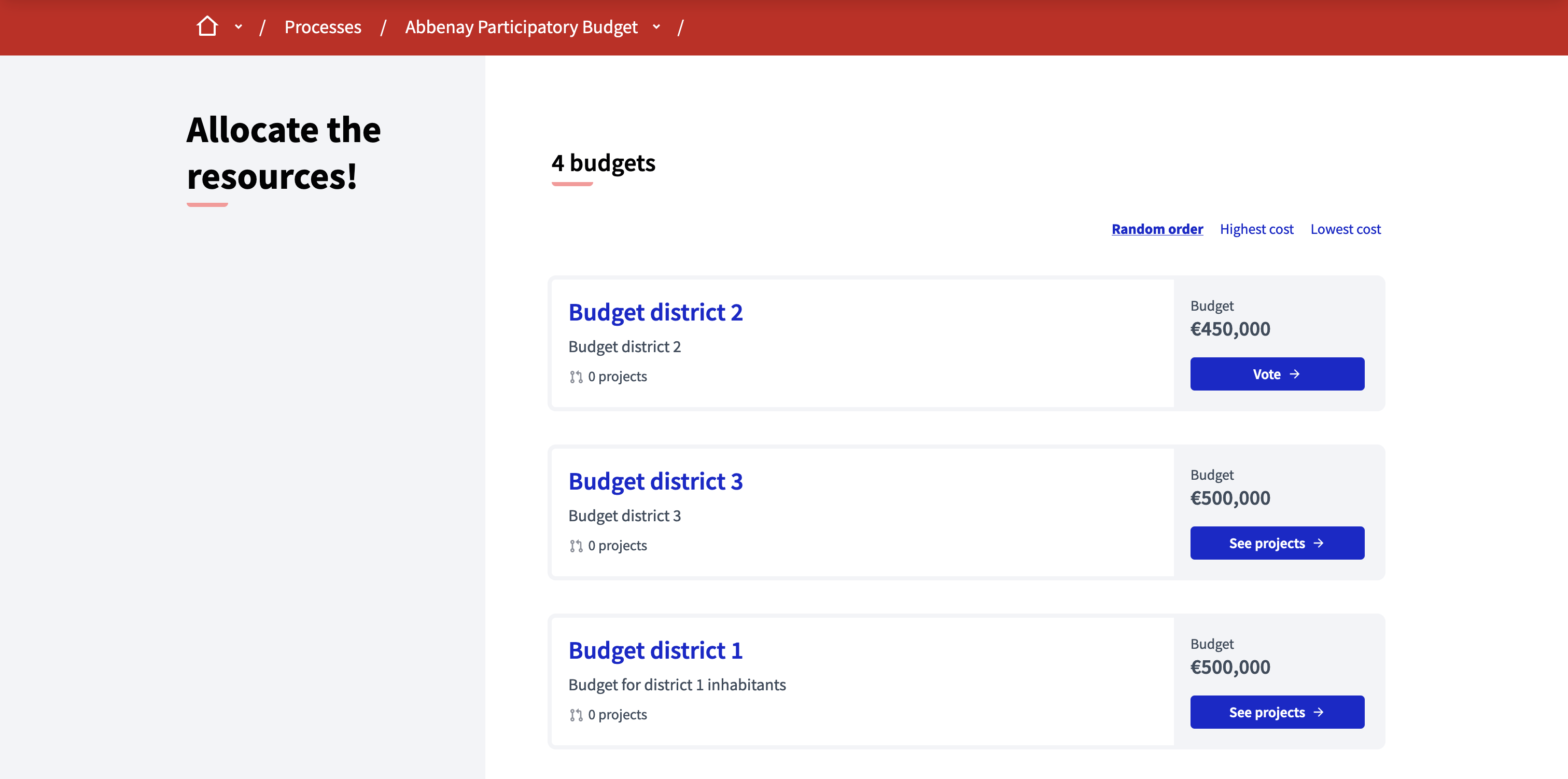 Budgets list in frontend