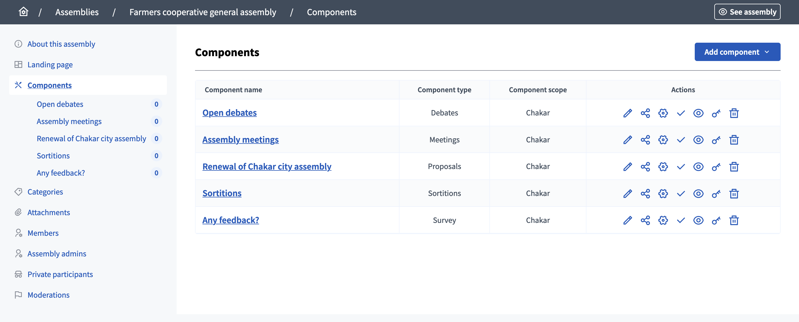 Component index backend in an assembly