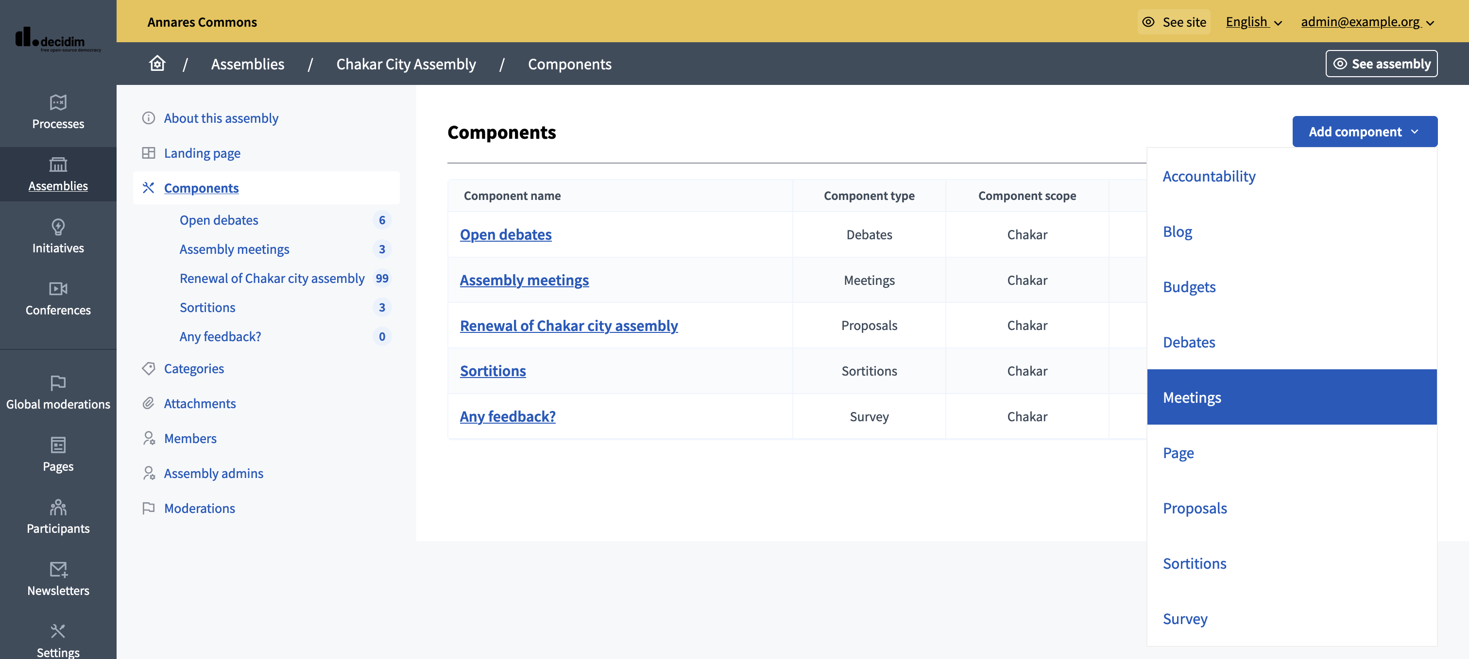 Add Meetings component button