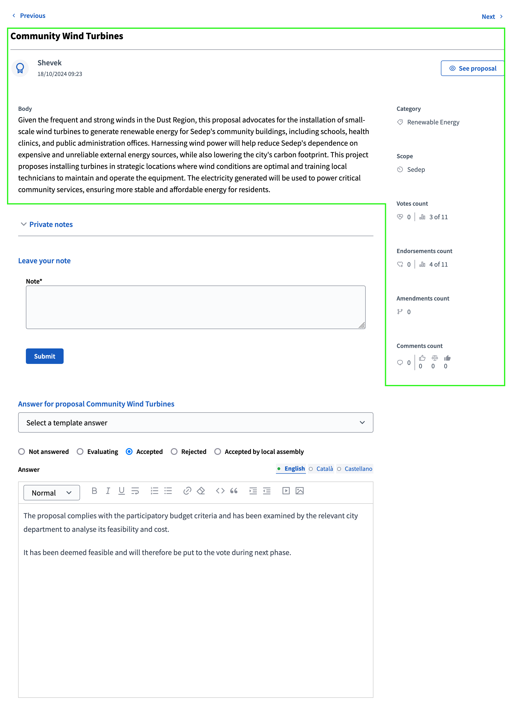 Proposal answer metadata form