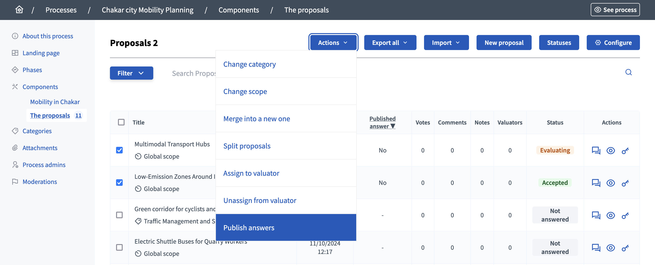 Proposal answer publication: action