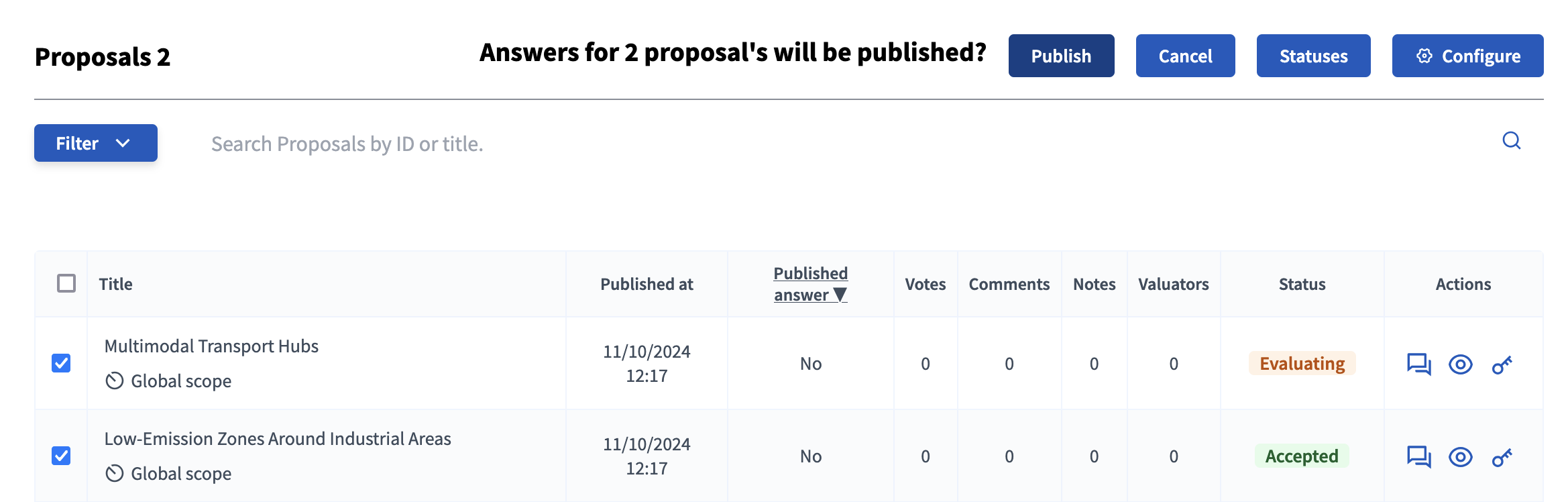 Proposal answer publication: publish button