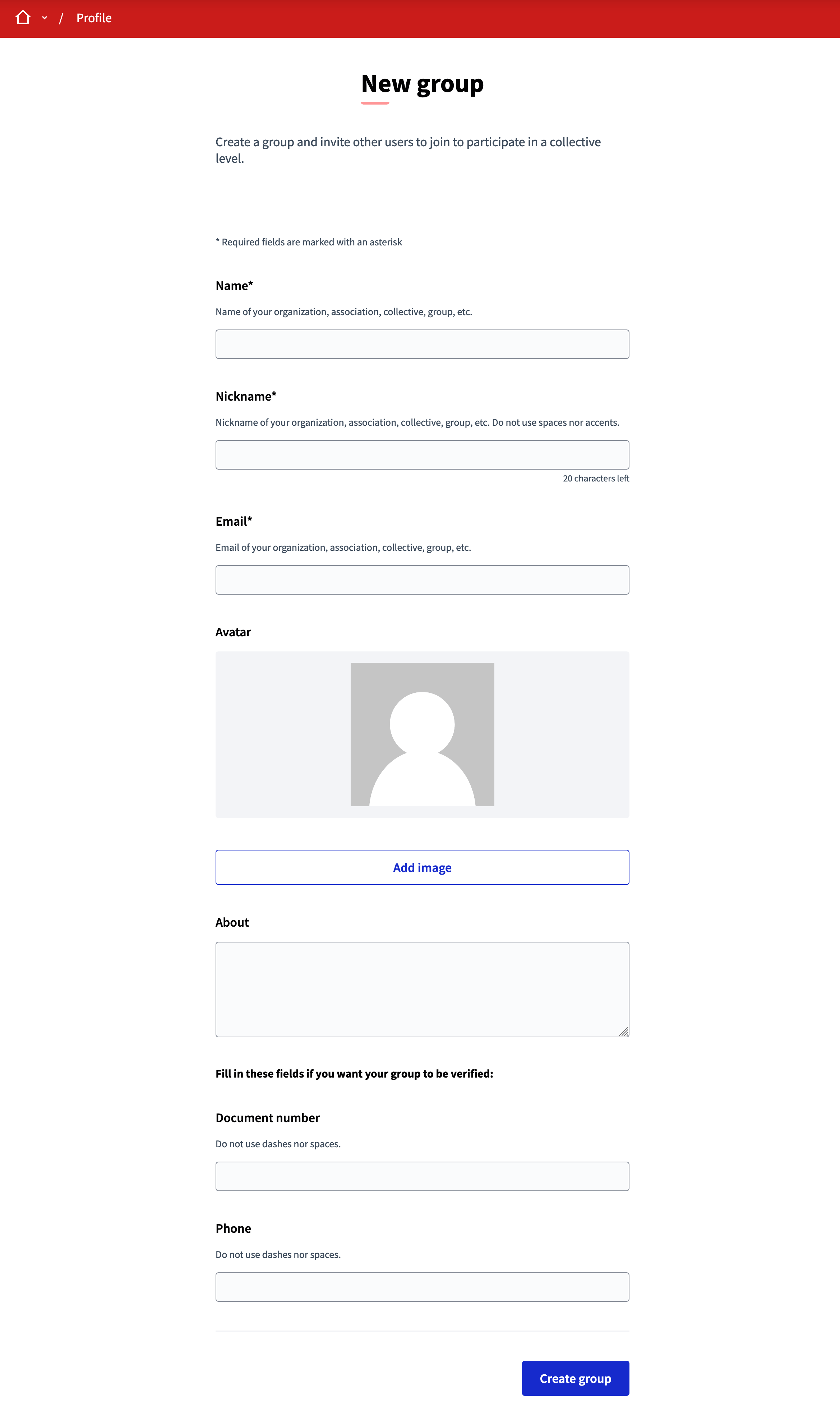 Public profile group creation form