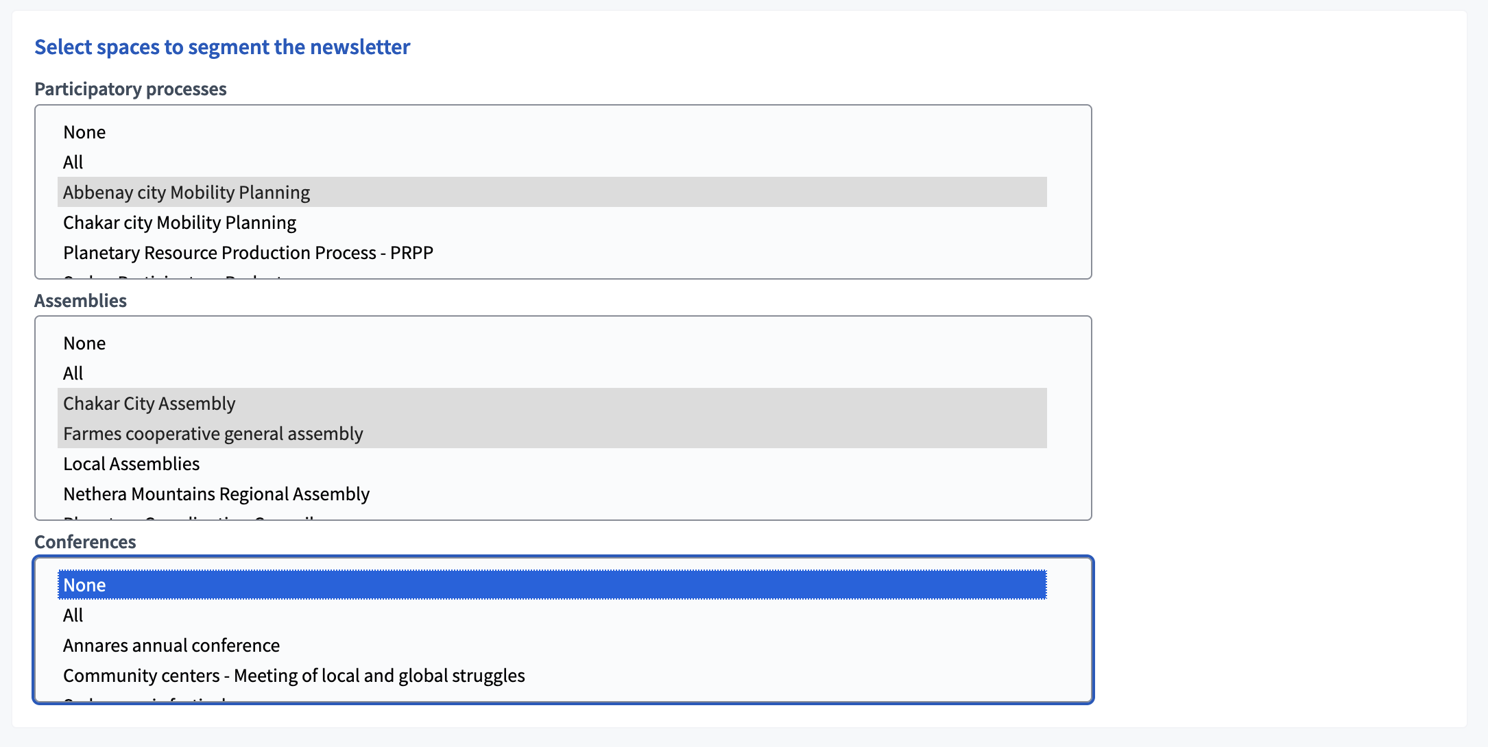 Newsletter select recipients spaces