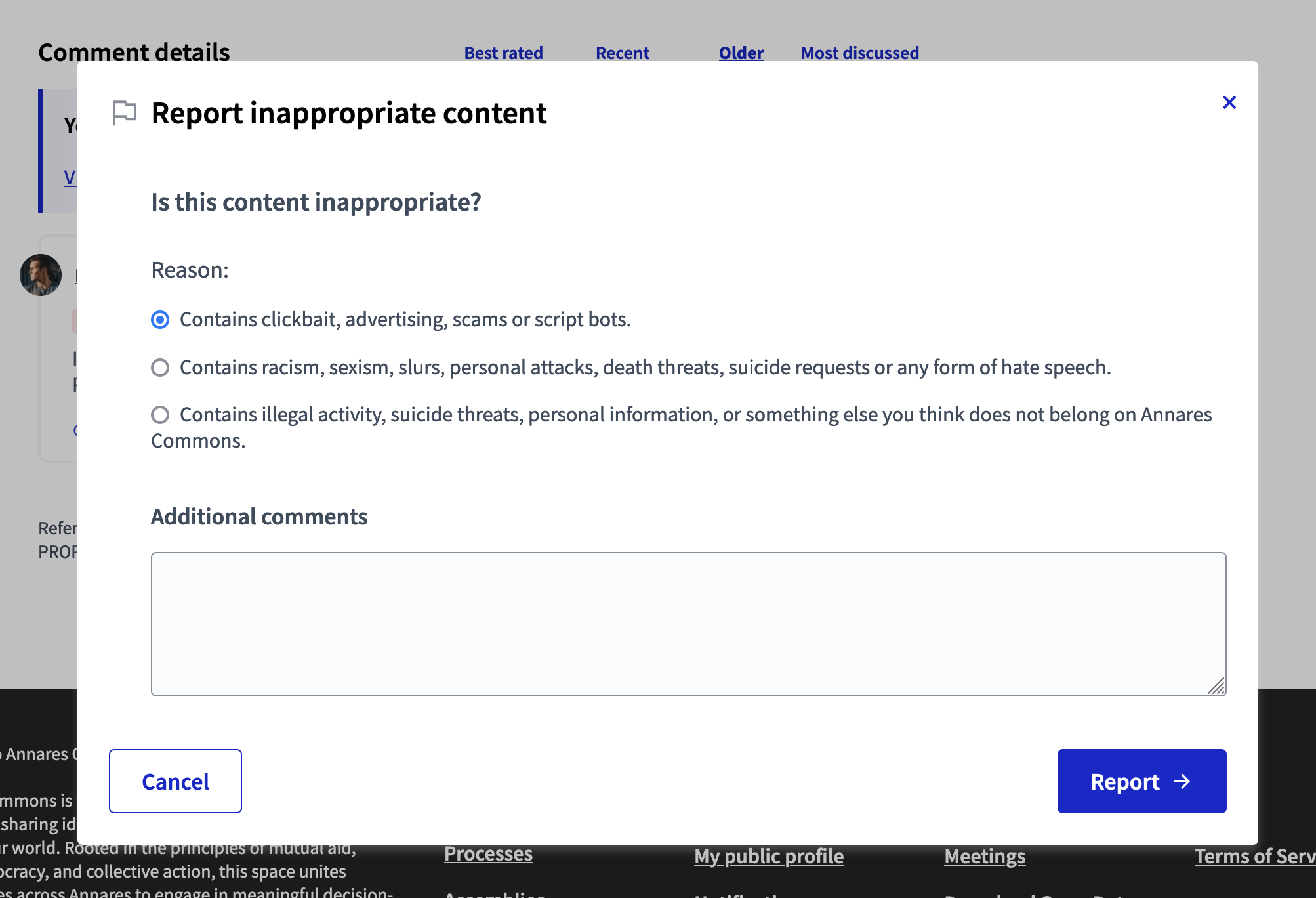 Give reason for moderation modal