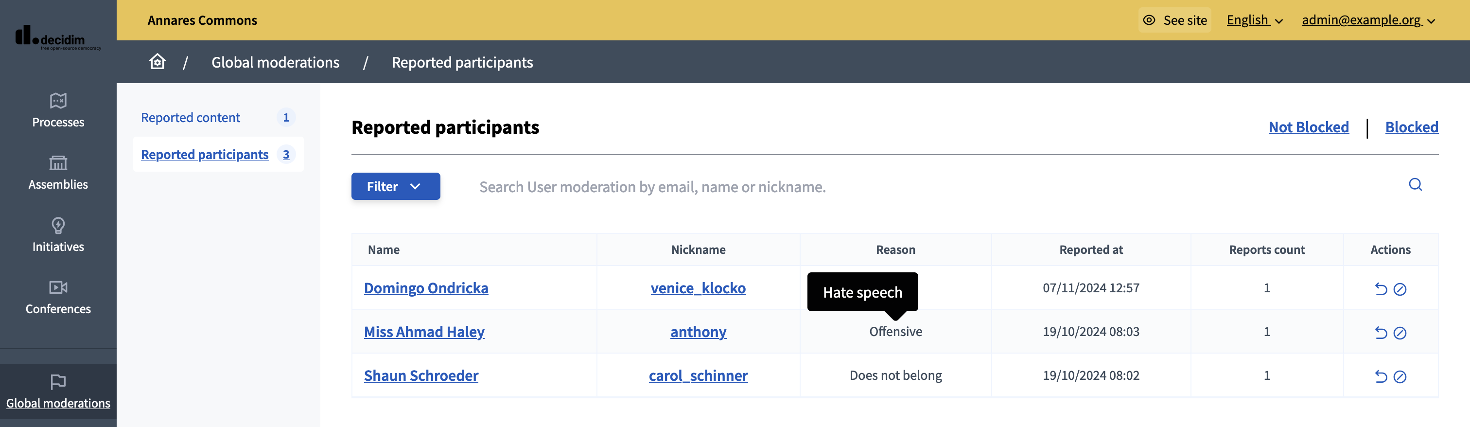 Global moderations panel for users