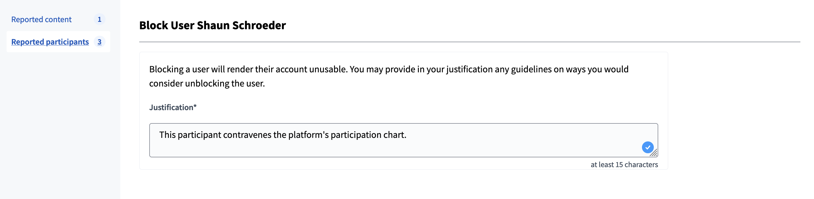 Justify block user action