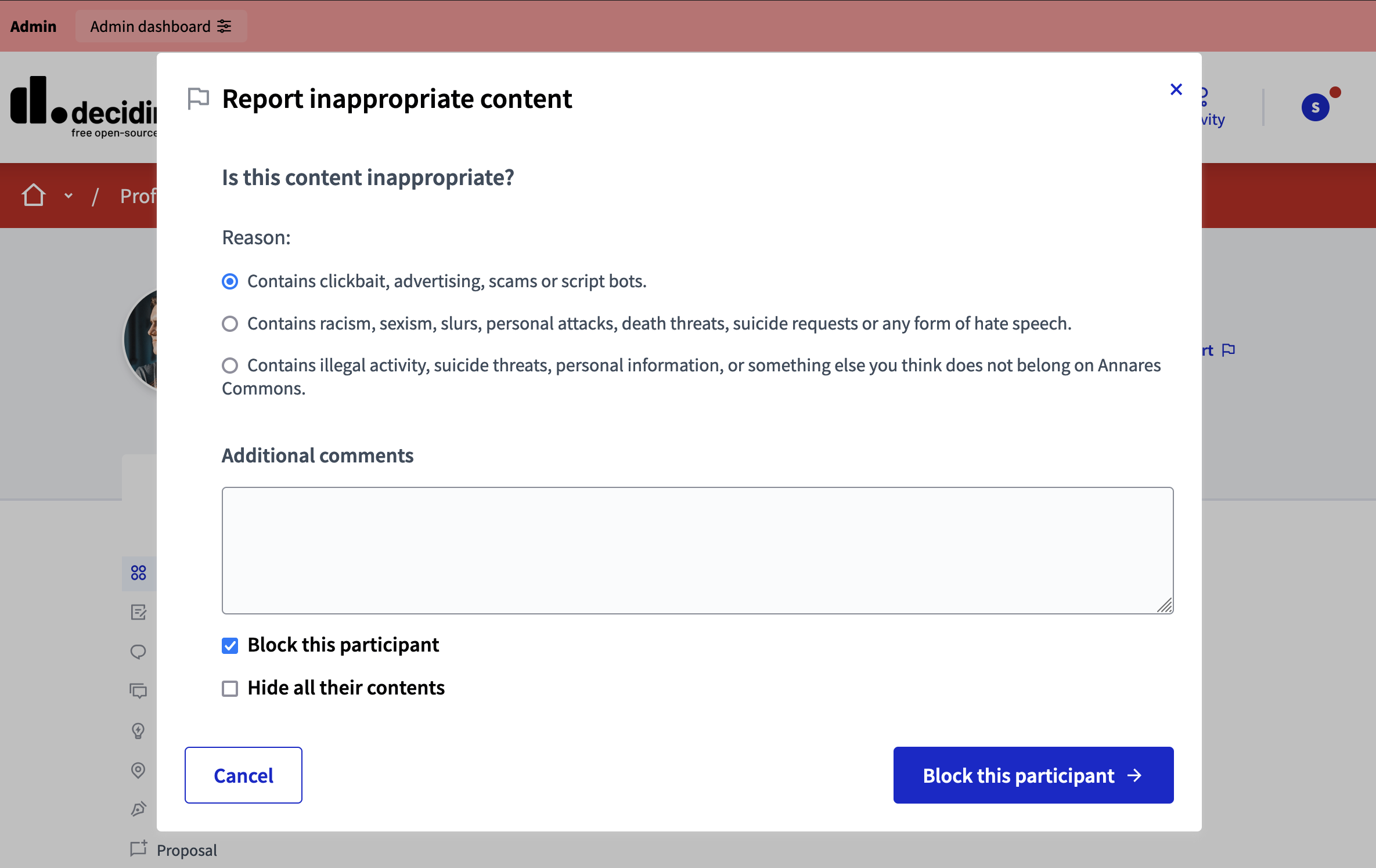 Give reason for reporting a participant modal administrators