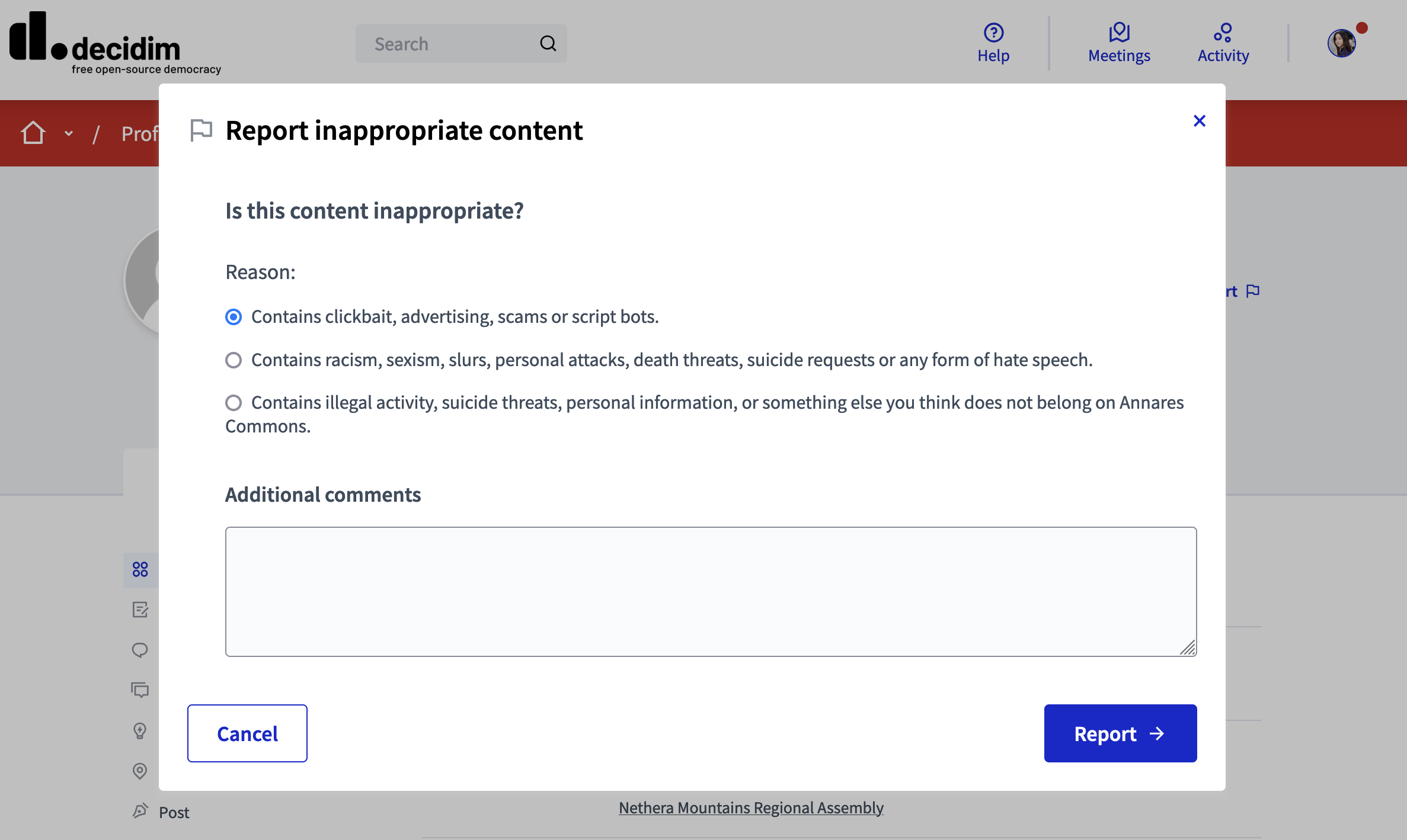 Give reason for reporting a participant modal