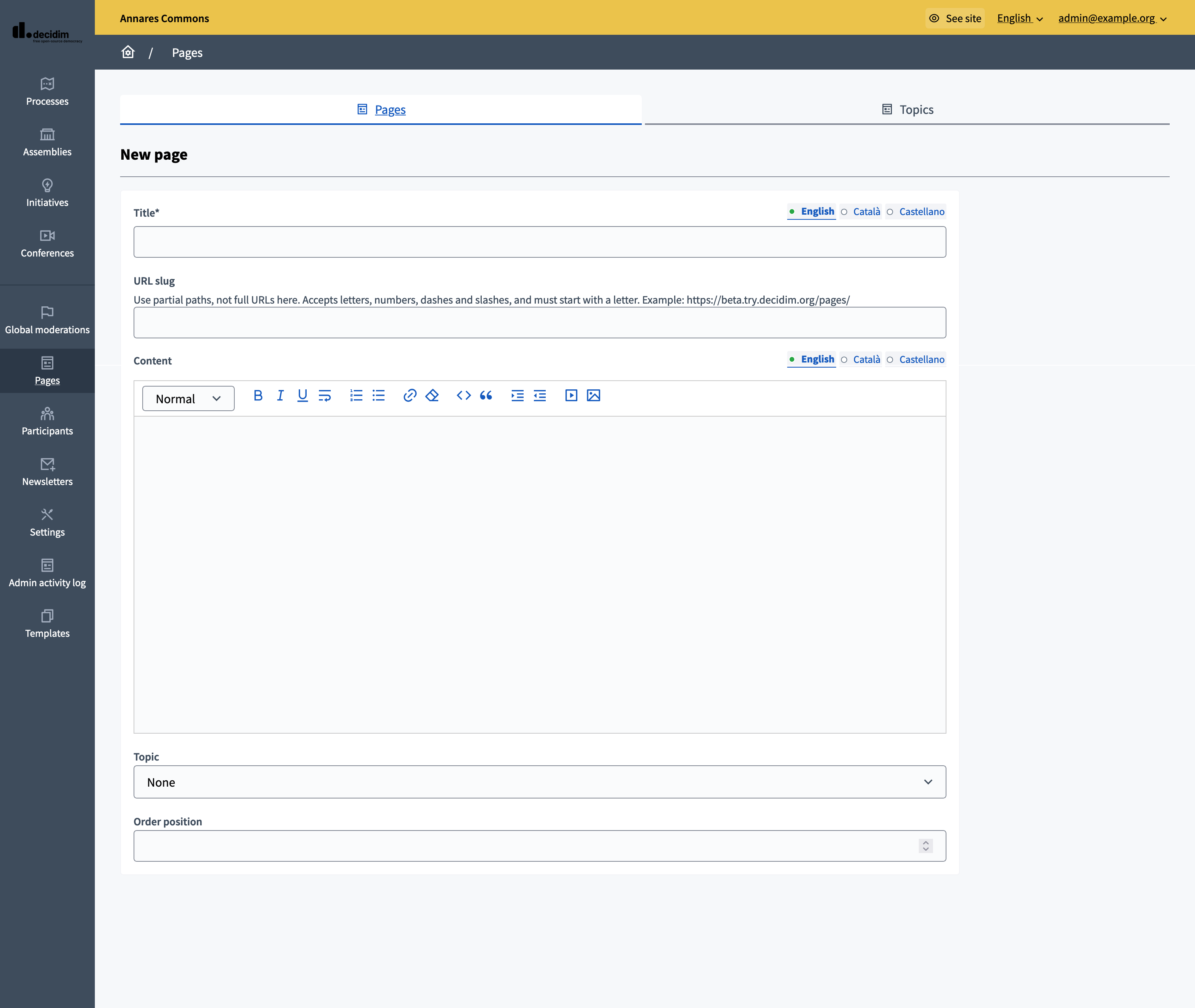 Backend: new page form