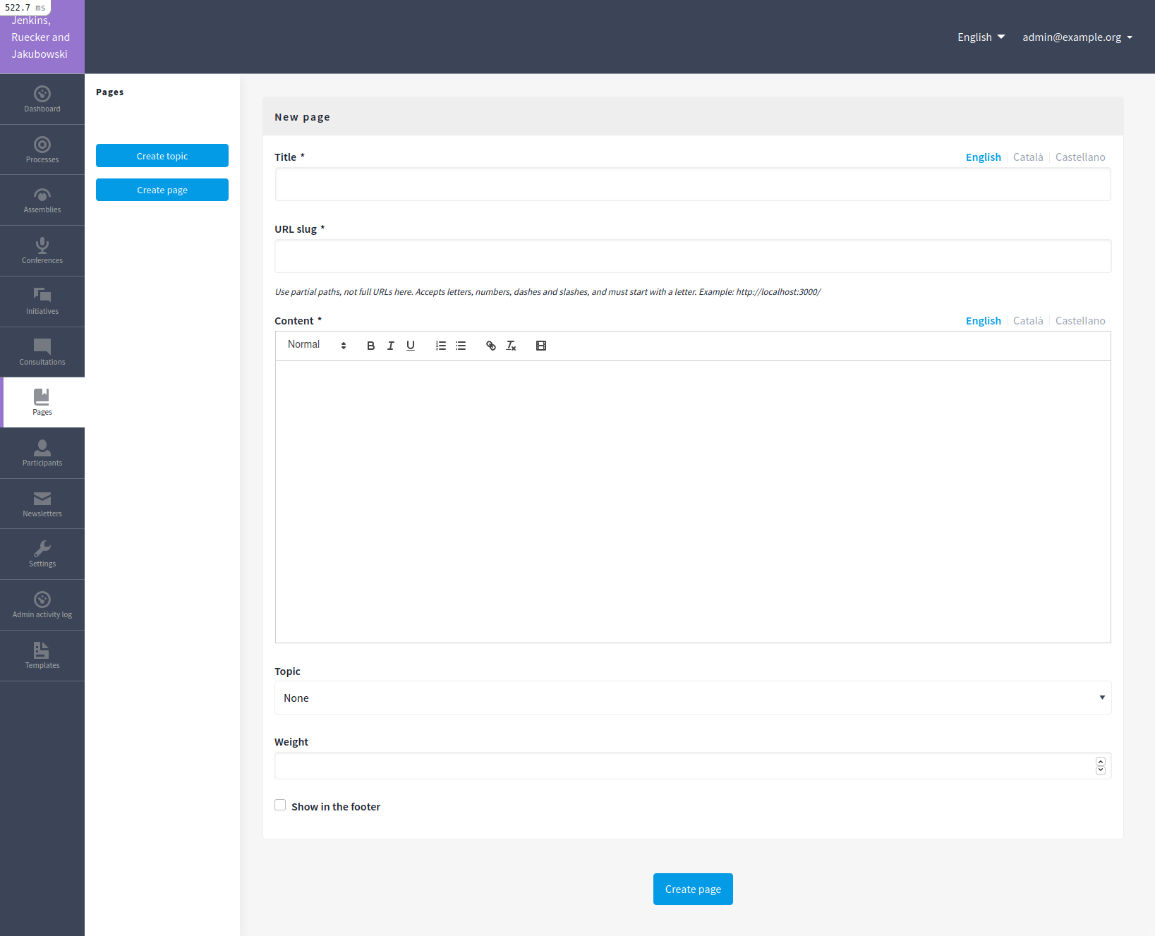 Backend: new page form