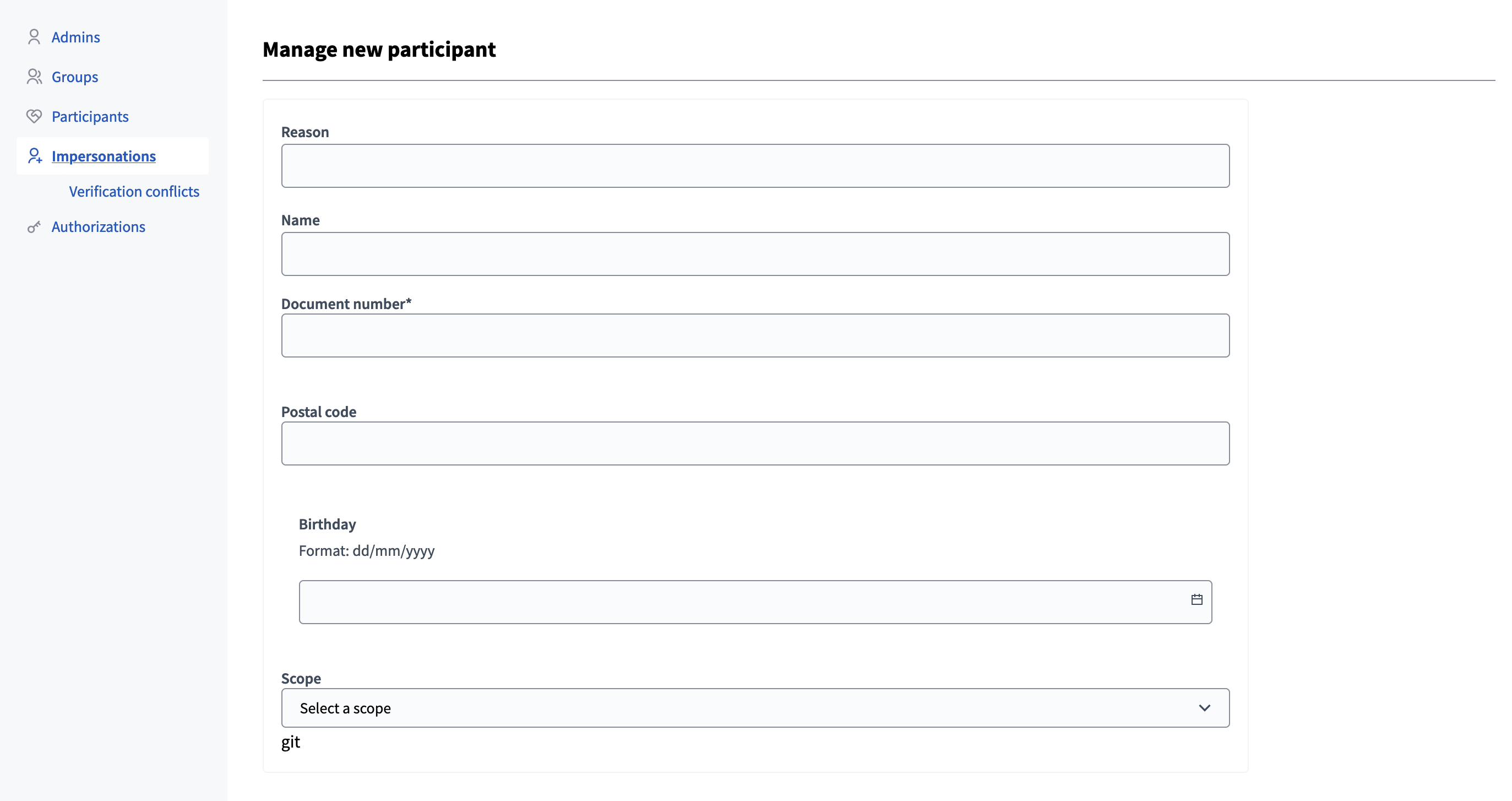 Administrators Impersonations form