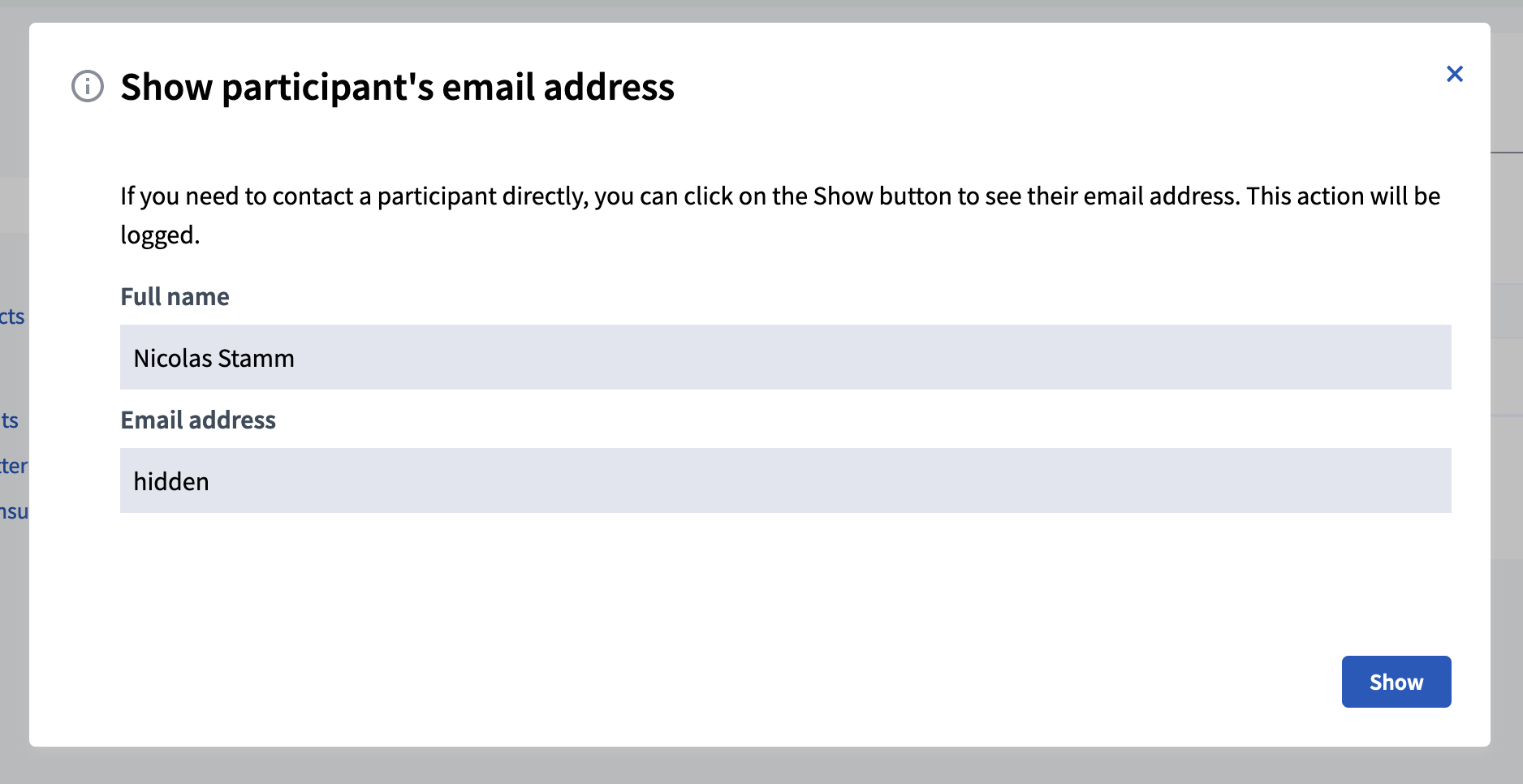 Modal in show email