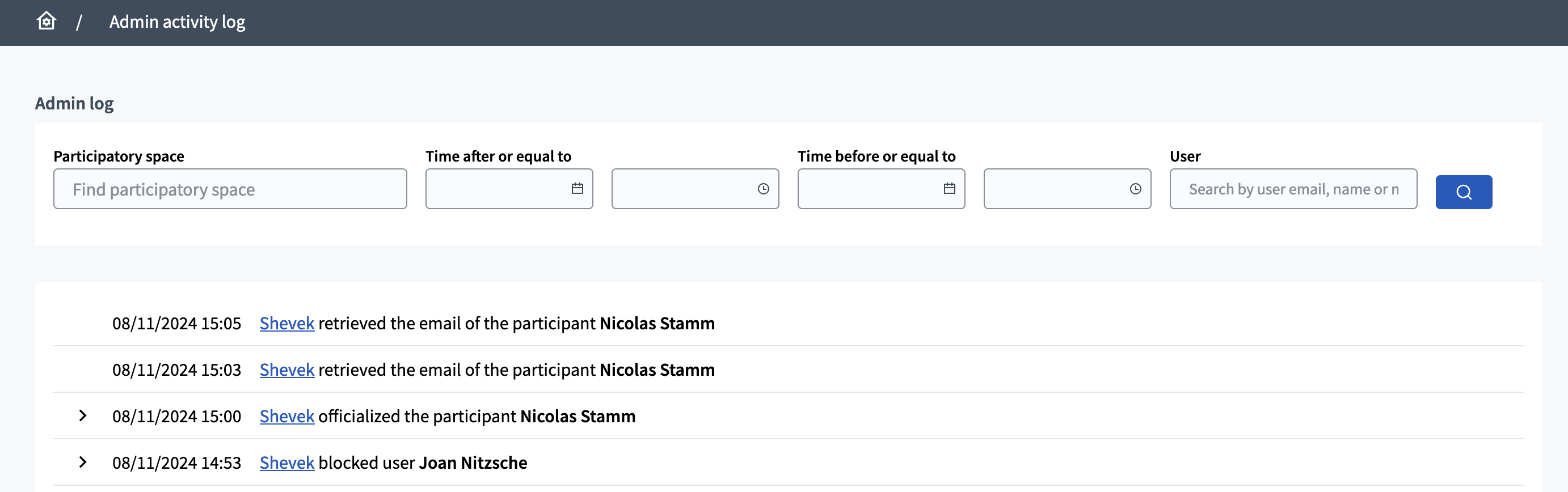 Admin activity log for show email