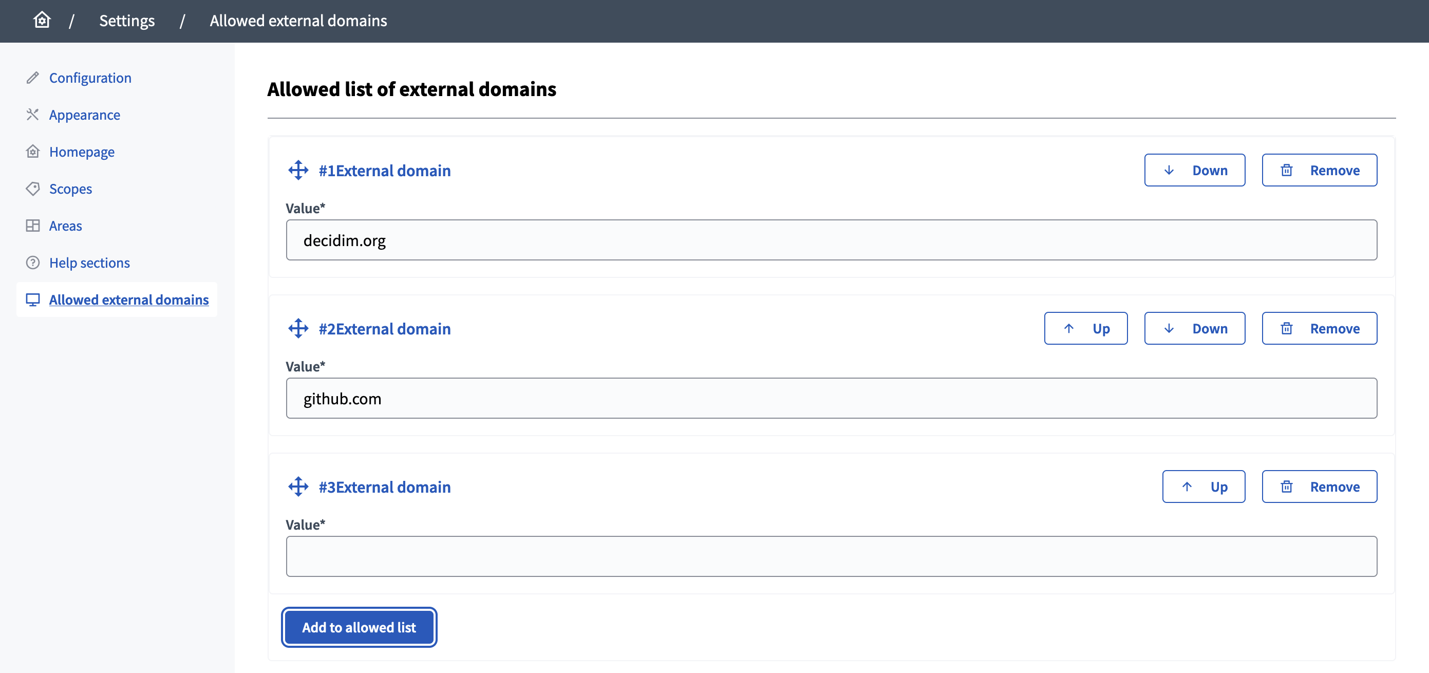 Allowed external domains panel