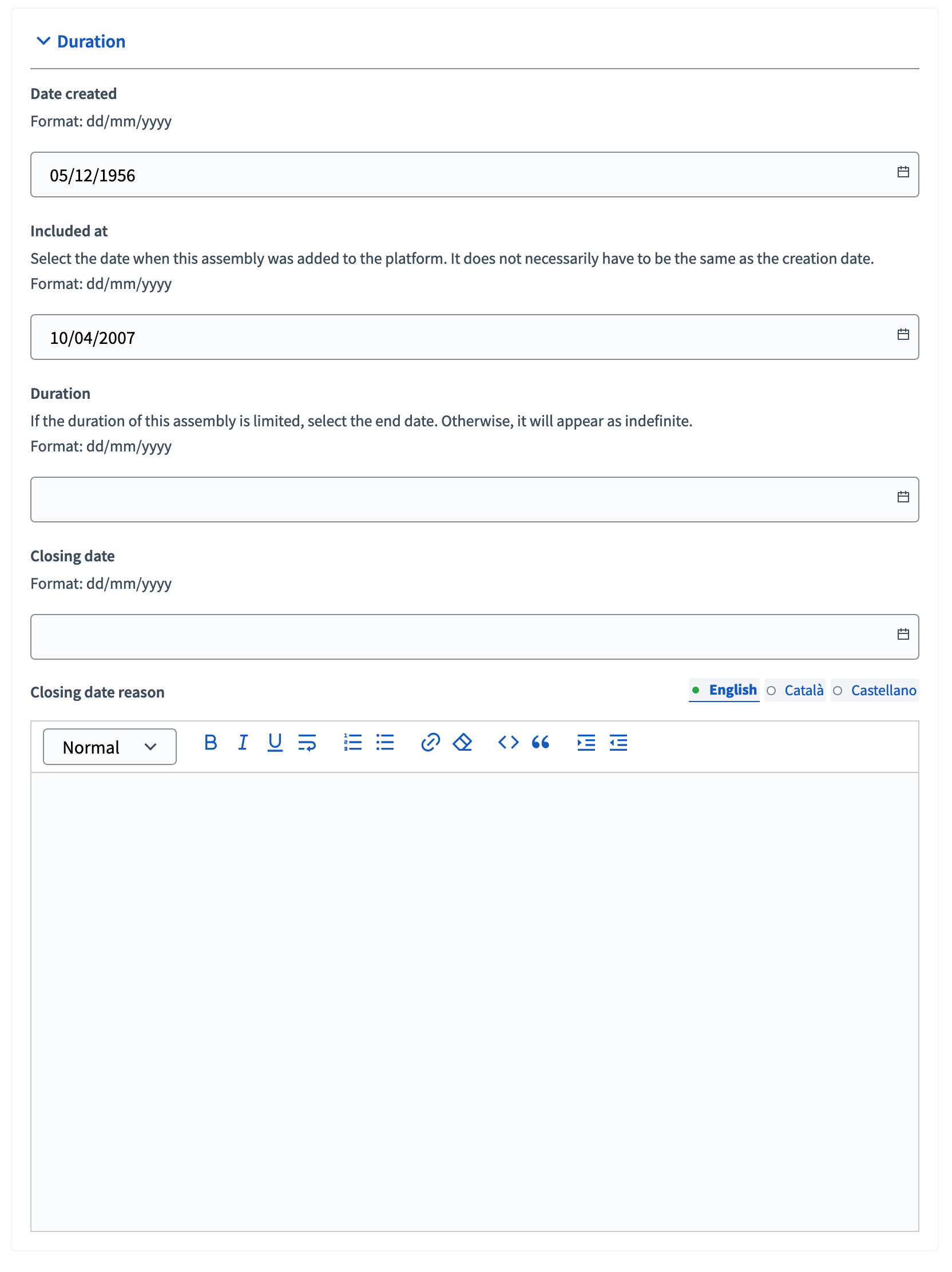 New assembly form duration section