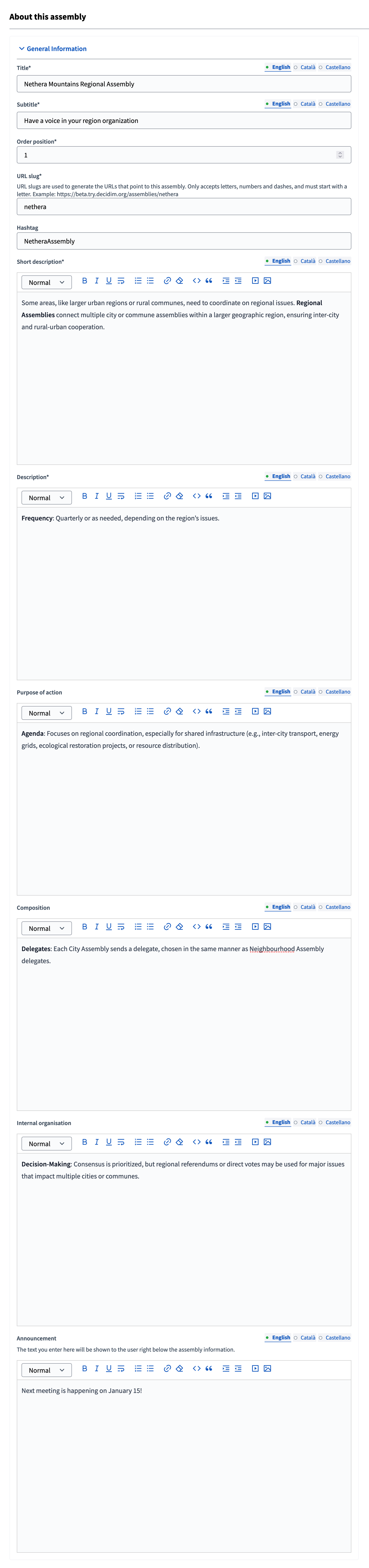 New assembly form general info section