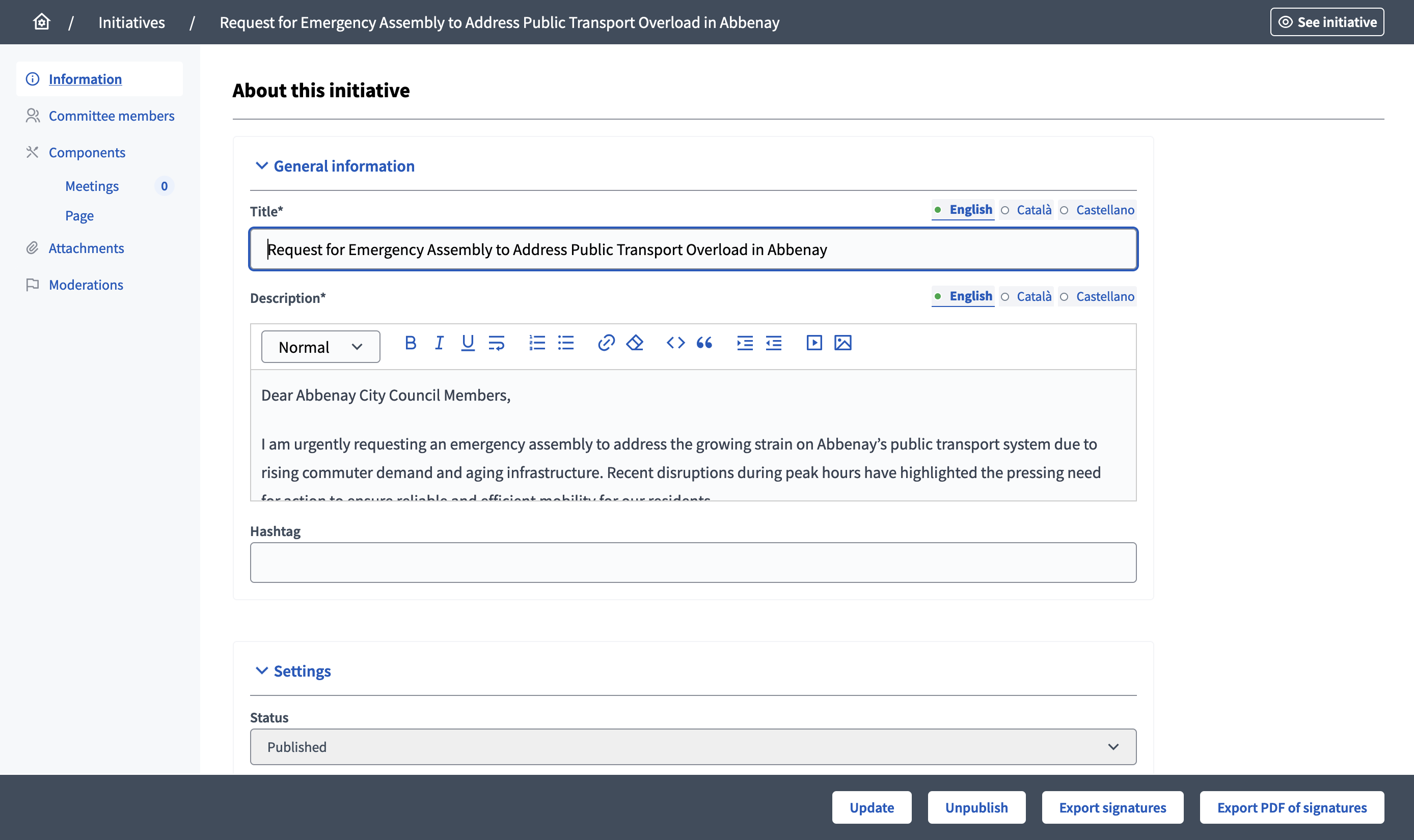 Initiative actions with Export to PDF