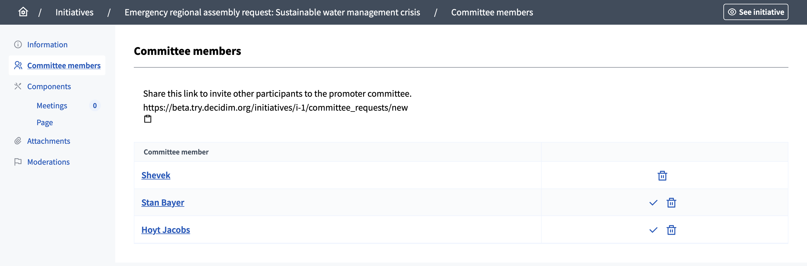 Initiative committee members list in administration