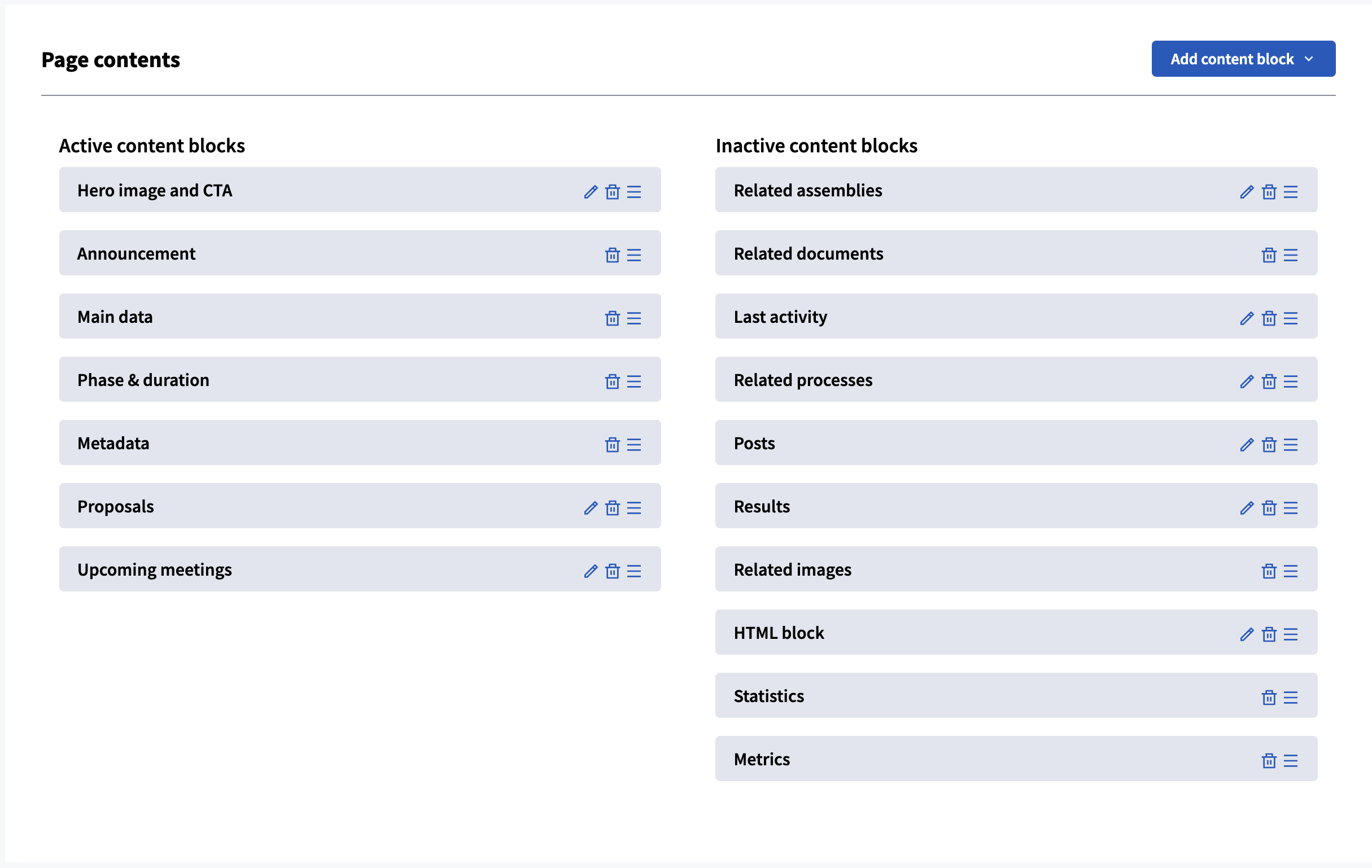 Landing page content blocks