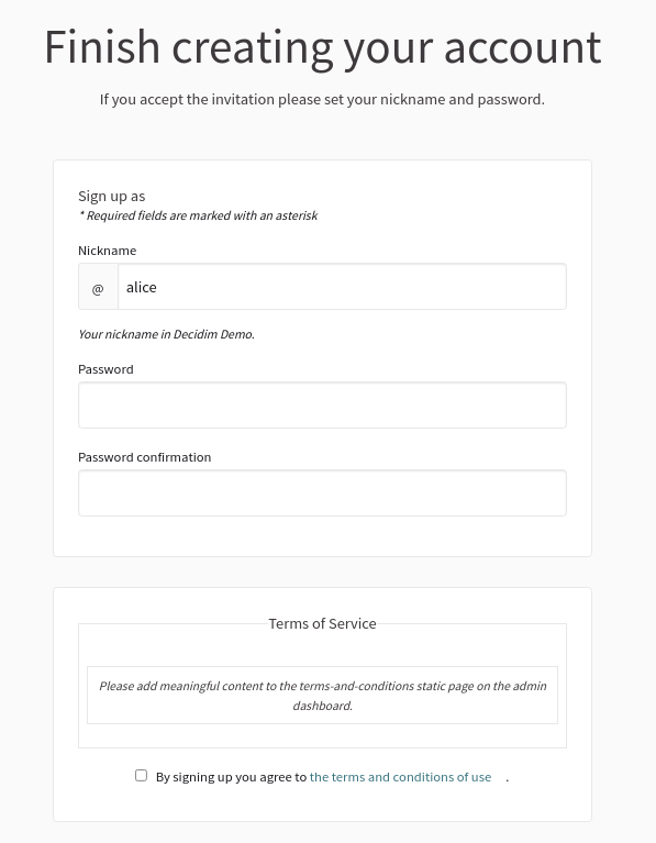 User registration form of a private participant