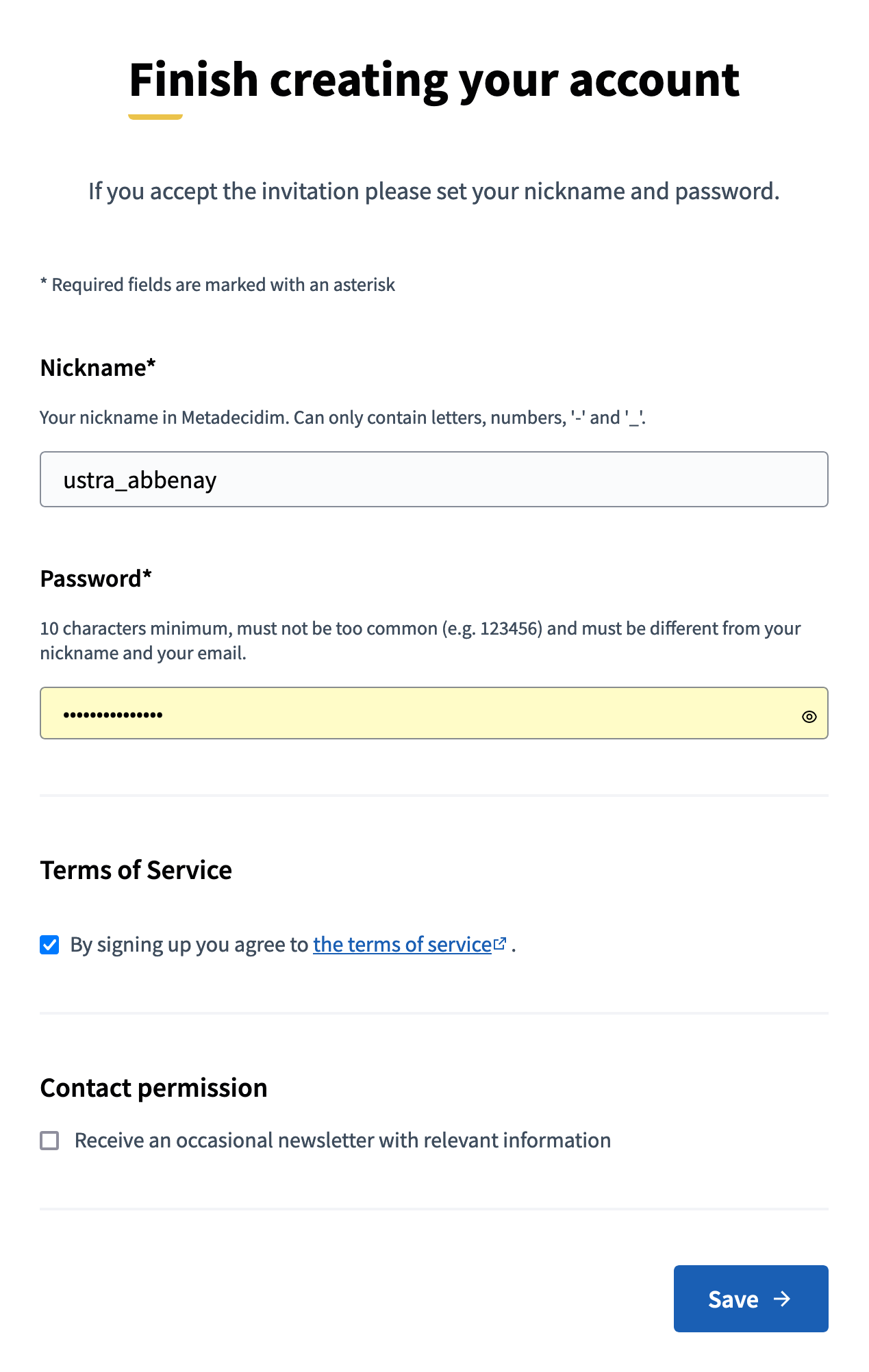 User registration form of a private participant