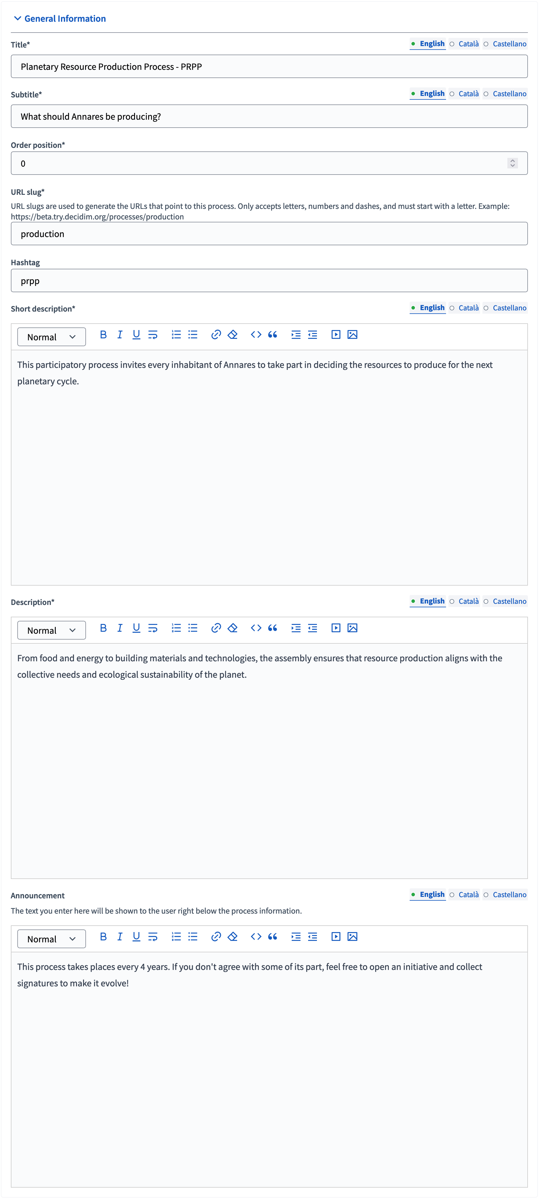 New participatory process form general info section