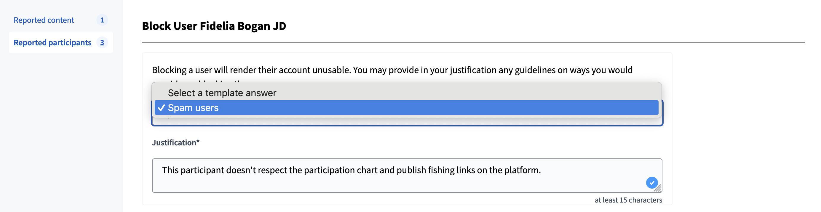 Backend: choose template when blocking user