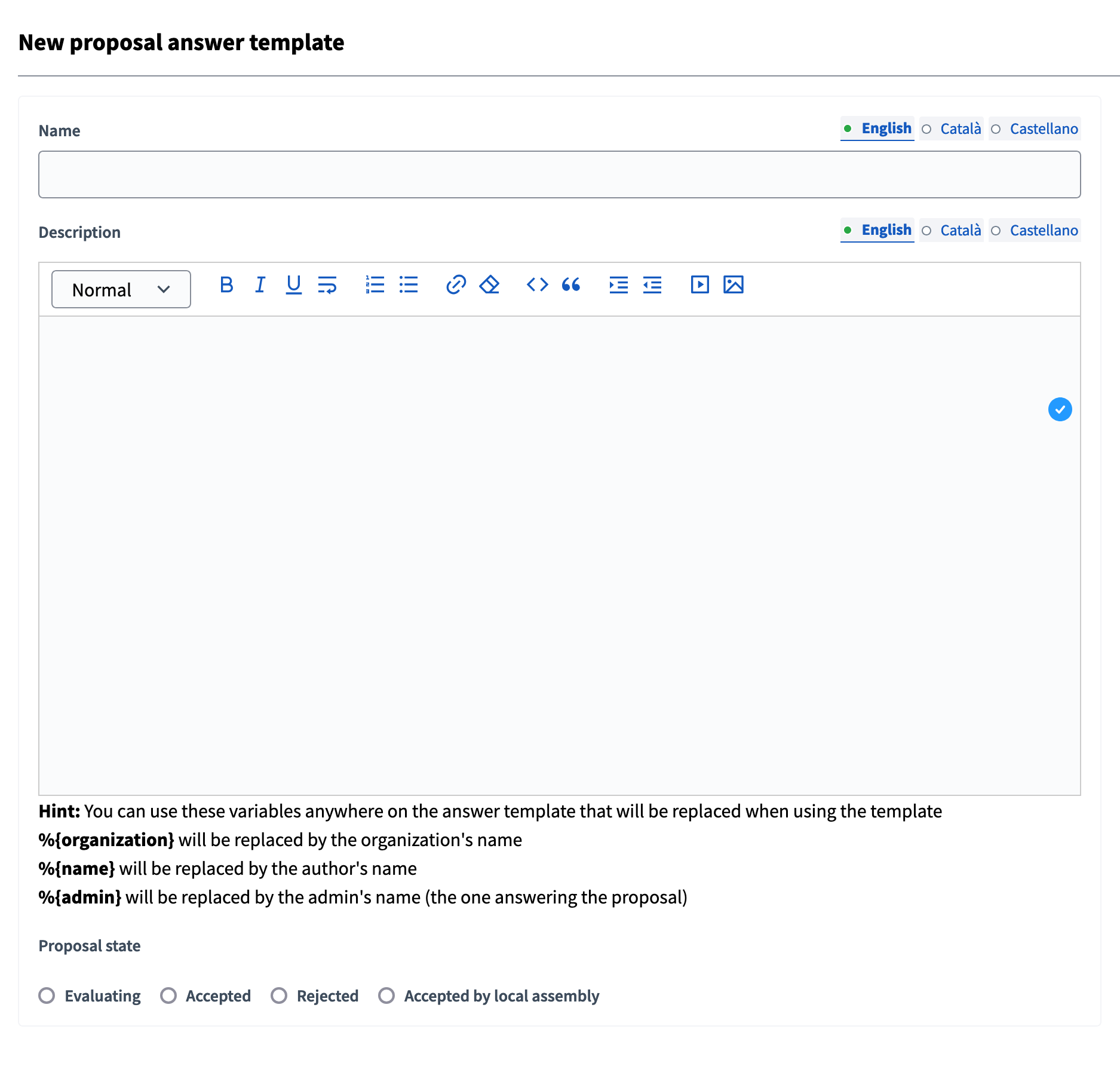 Backend: new proposal answer template form