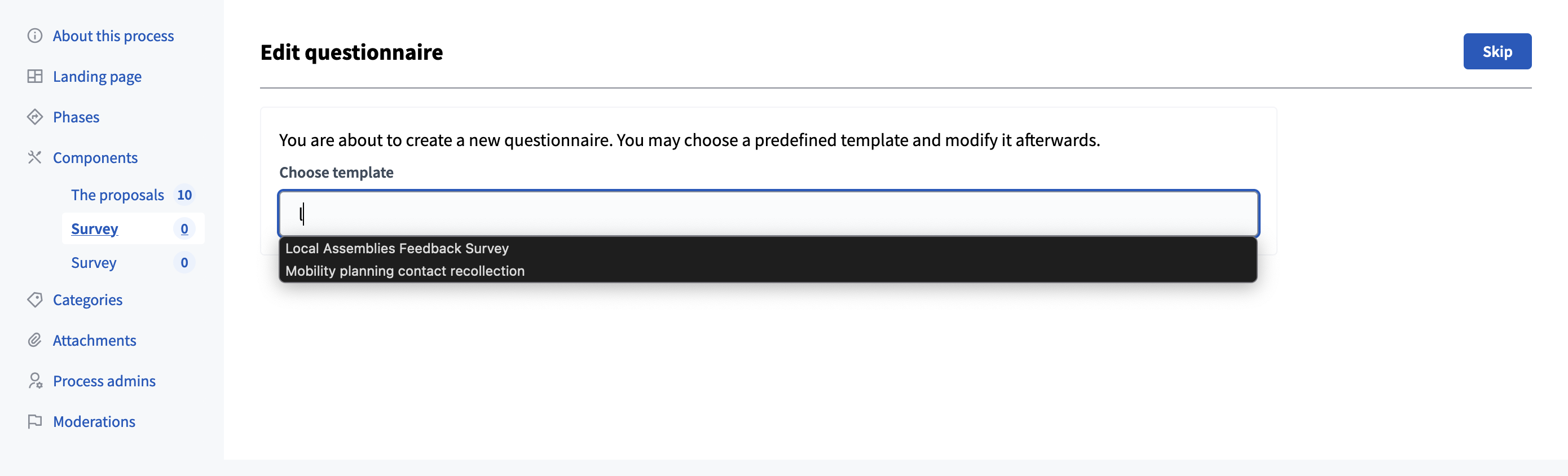 Backend: choose template when creating survey