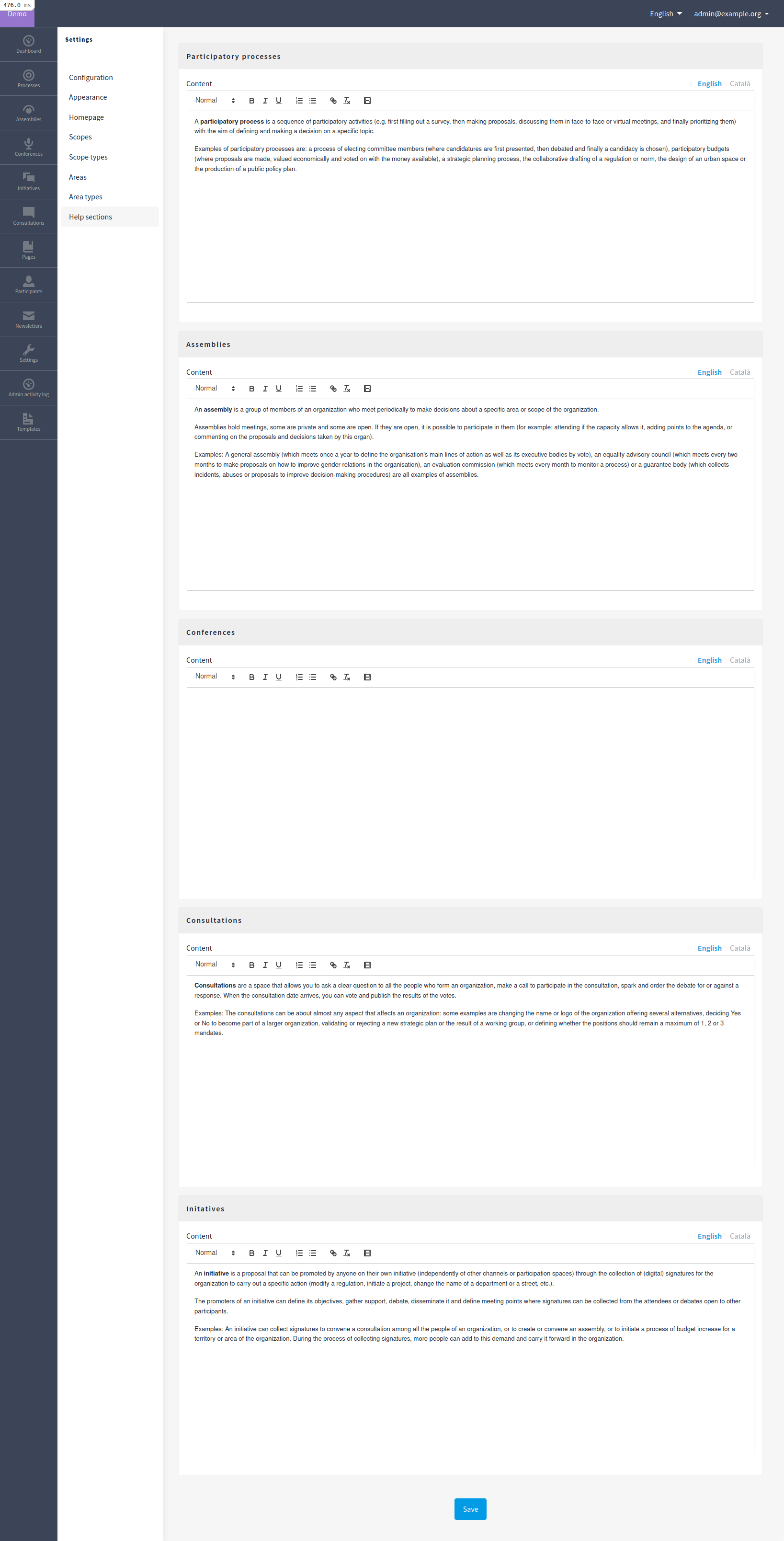 Help sections: backend