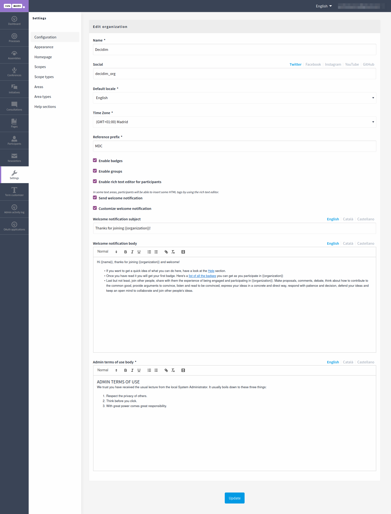 Decidim Admin Configuration