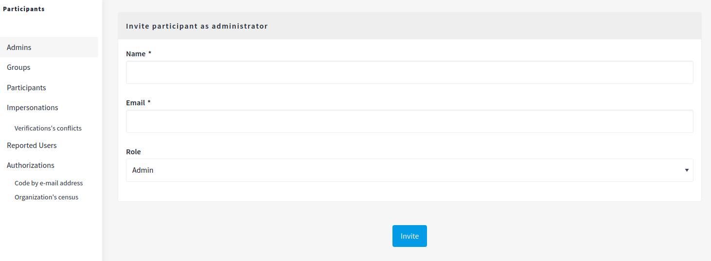 Invite participant as administrator form