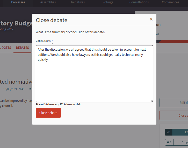 Close debate frontend form