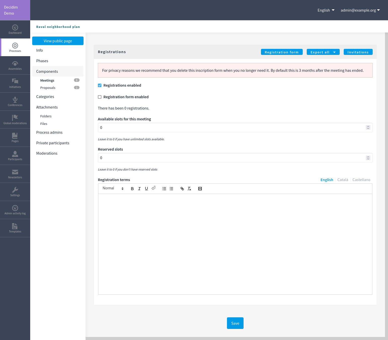 Registrations settings in a meeting