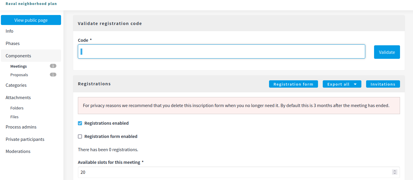 Registration code form in a meeting