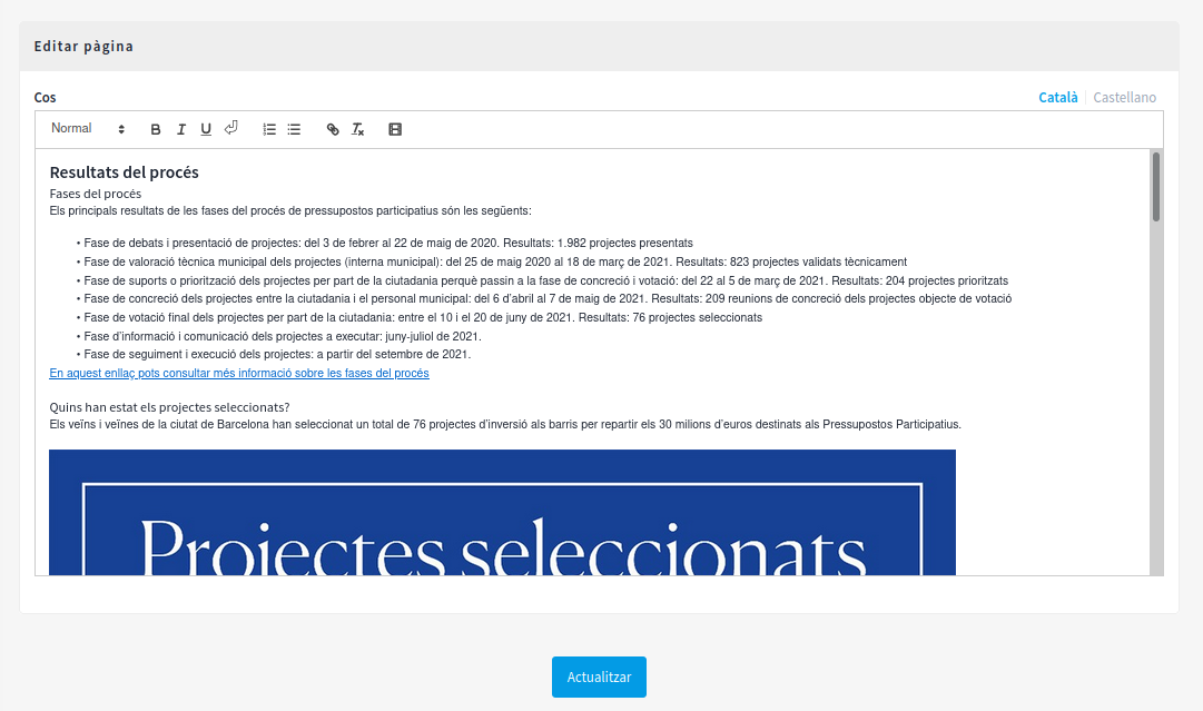 More information page in 2020 Participatory Budgeting process in Decidim Barcelona - Backend