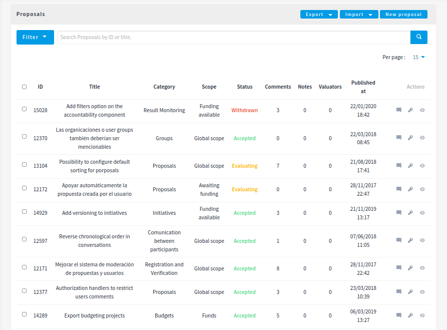 Manage proposals table