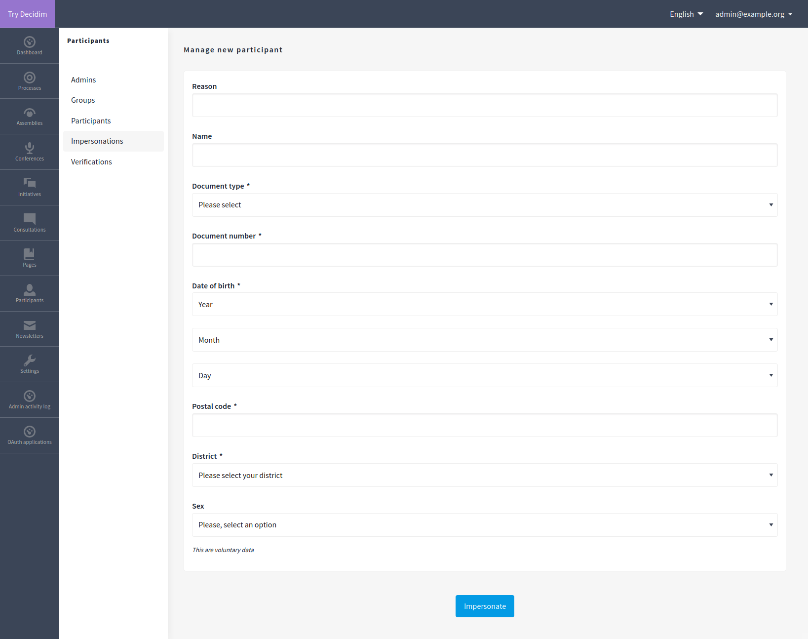 Admin’s Impersonations form