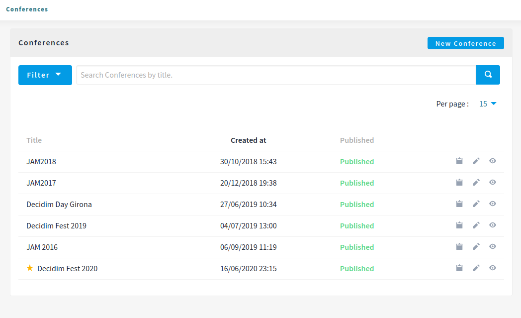 Conferences list at admin panel