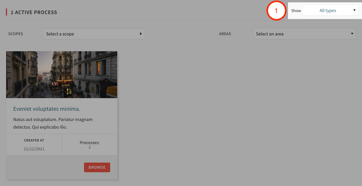 A screenshot of the front-end showing a filter for Process types