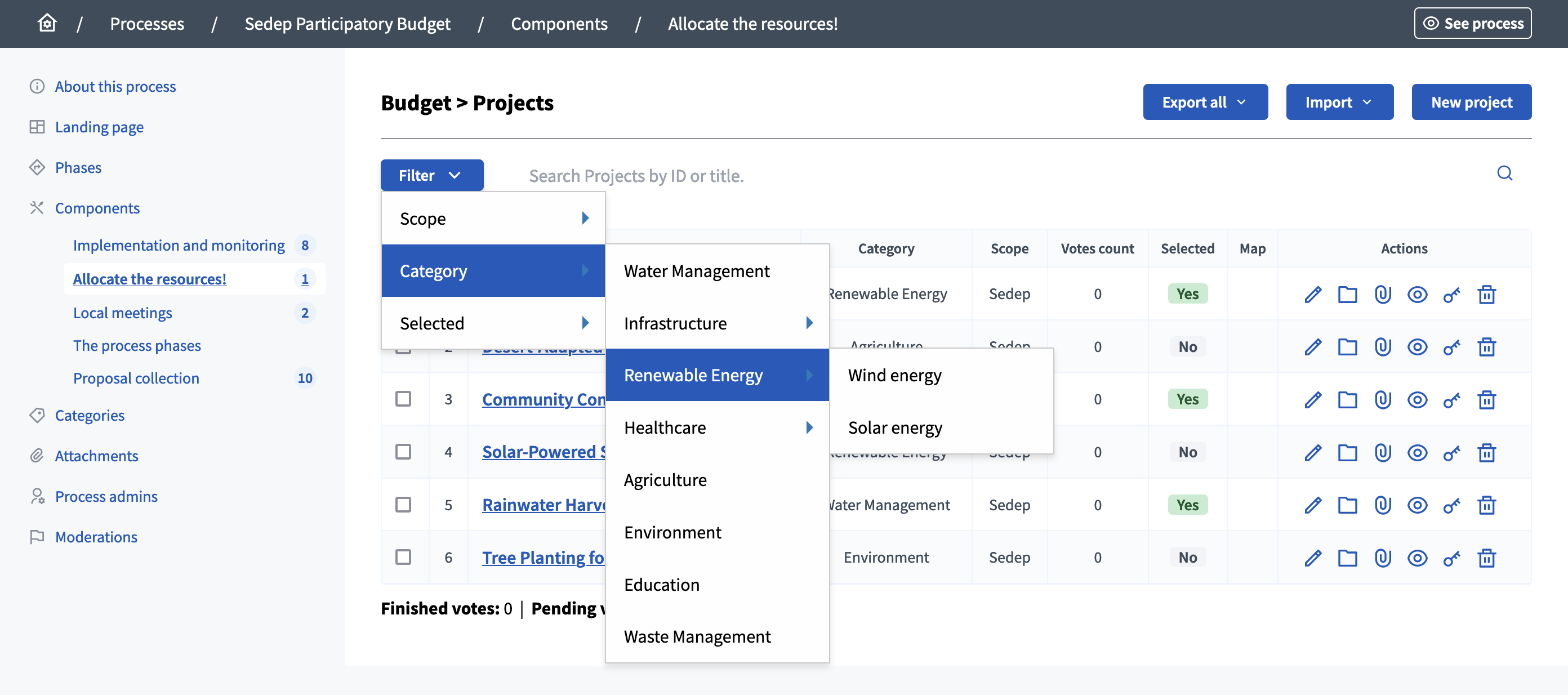 Projects list filter