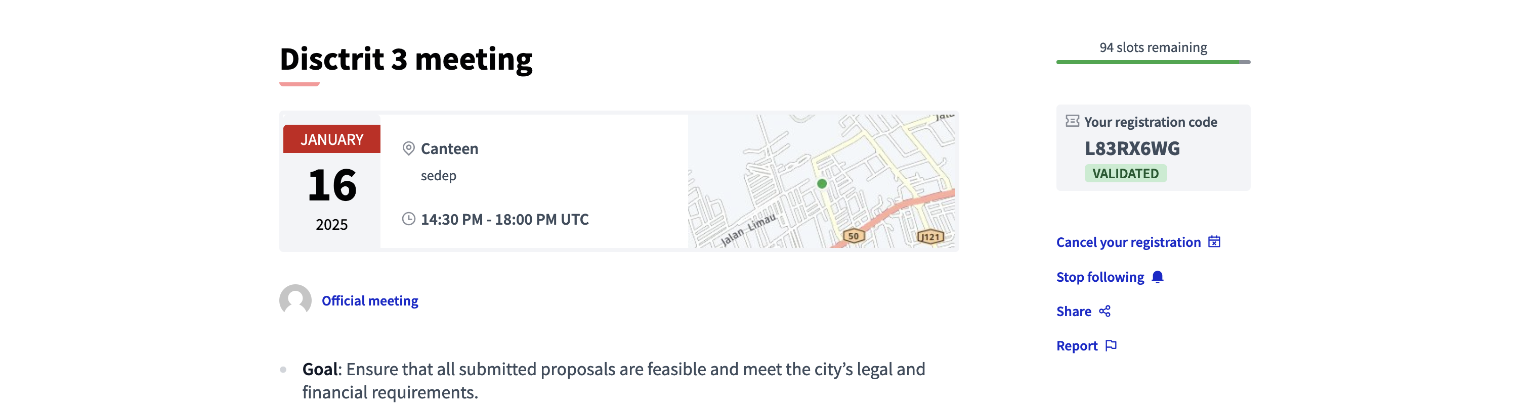 Registration code in a meeting frontend