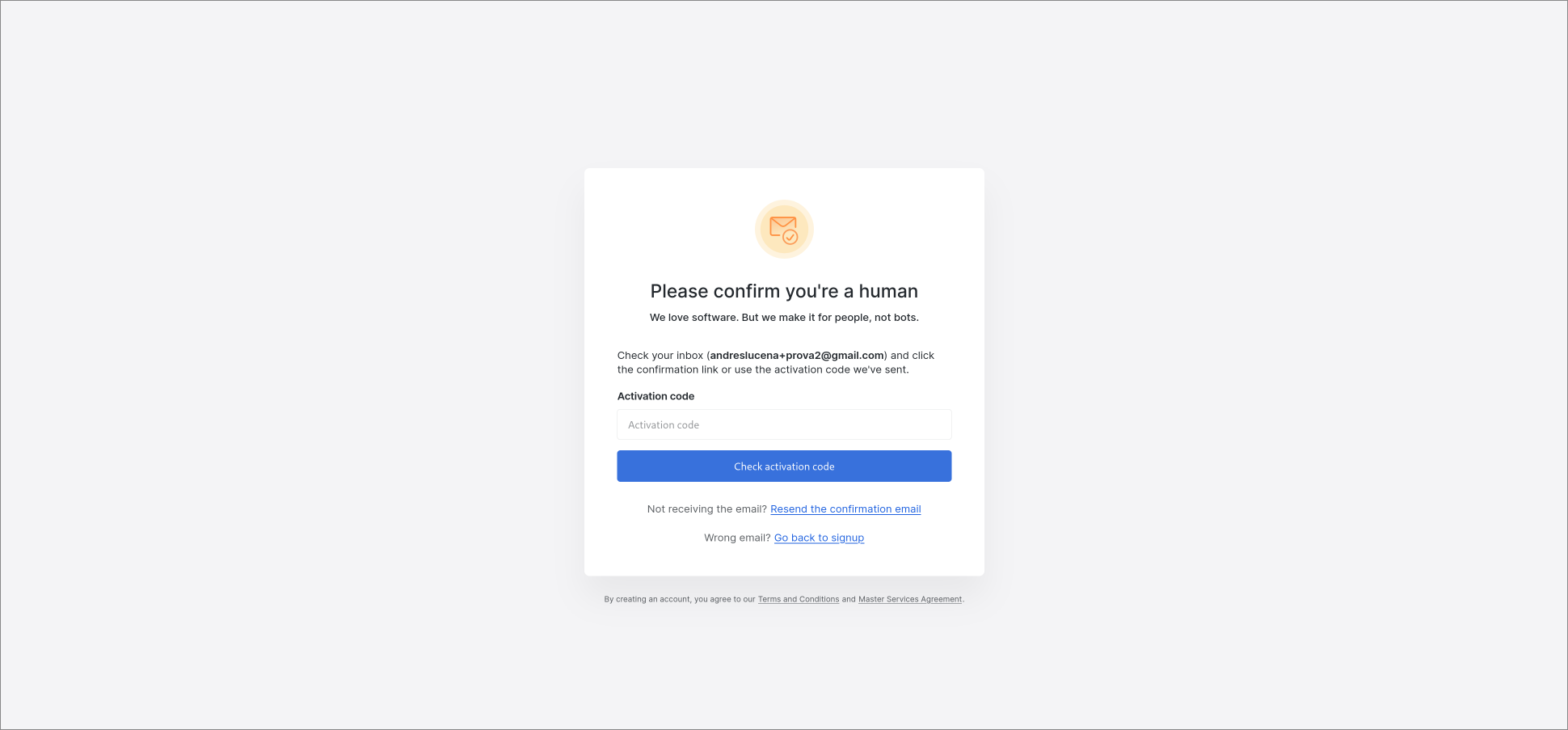 Create an account form - confirm step