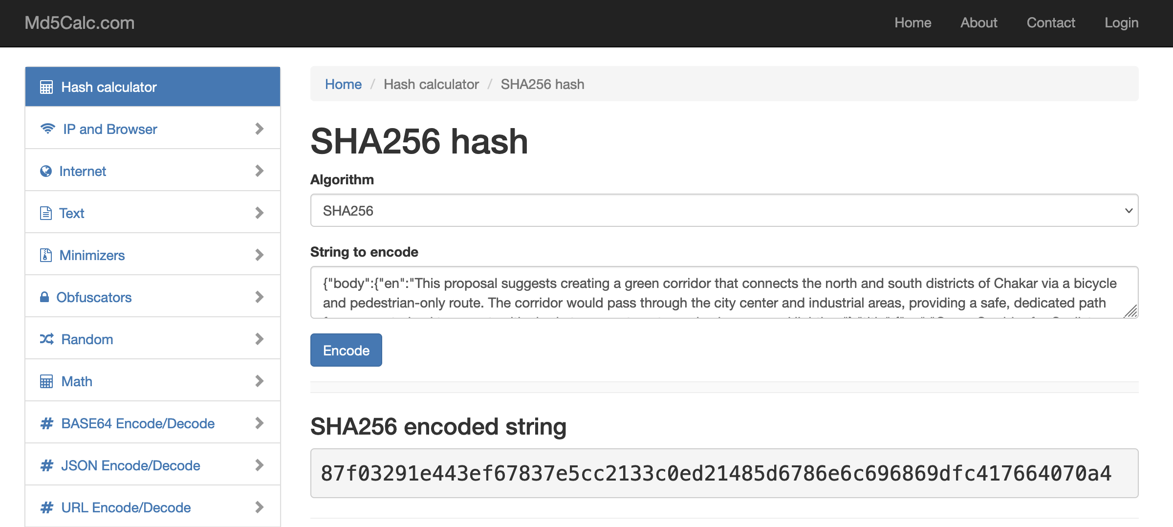 capture d’écran MD5calc.com